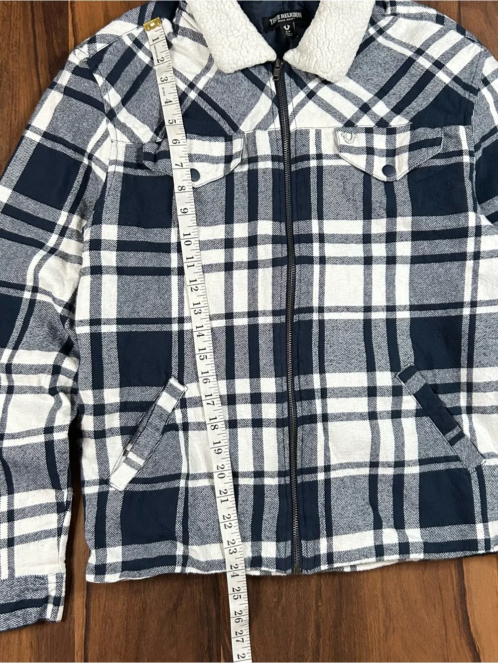 Y2K True Religion Navy & White Plaid Sherpa Collar Jacket